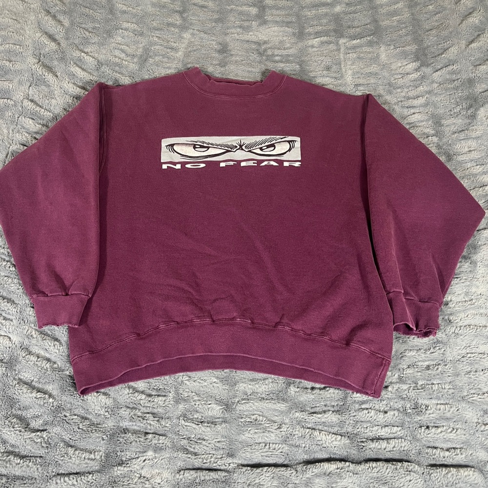 Vintage No Fear Eyes Graphic Sweatshirt Maroon Made in USA Mens Large Distressed